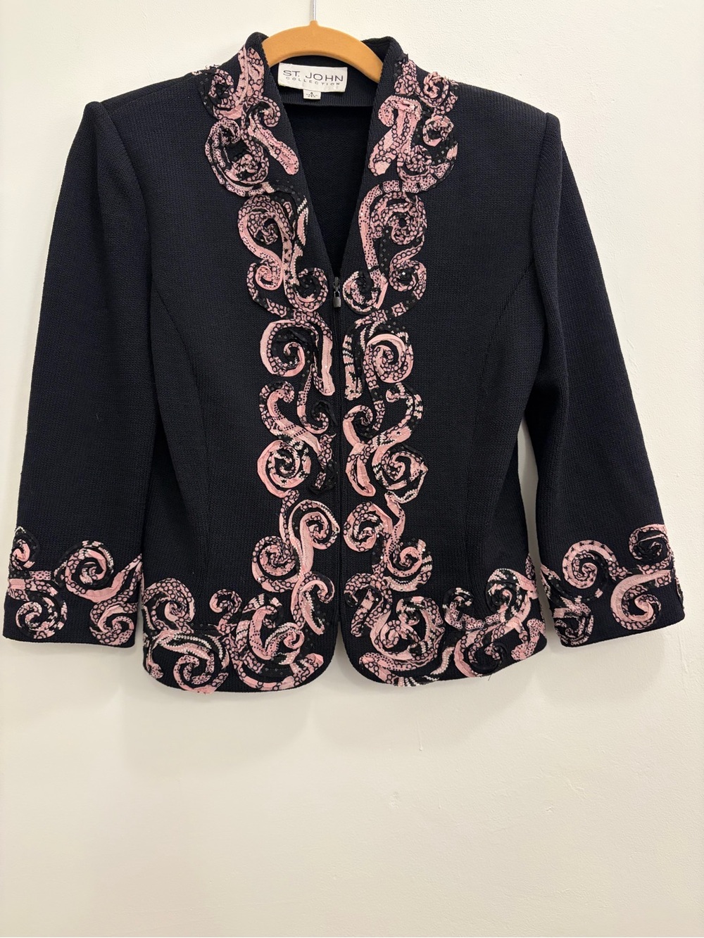 St. John Collection Black Knit Jacket with Pink Embroidered Scrolls Size 4